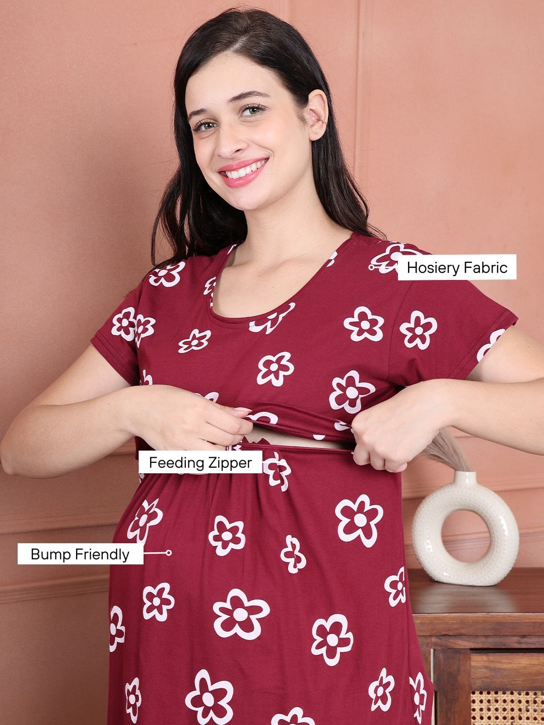 Secret Wish Maroon Floral Hosiery Maternity Nursing Top