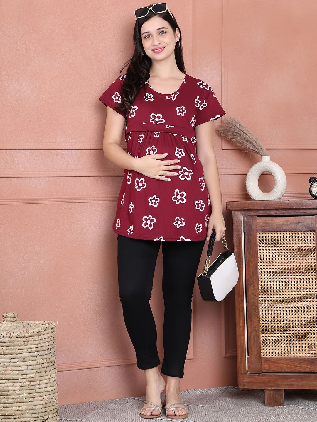 Secret Wish Maroon Floral Hosiery Maternity Nursing Top