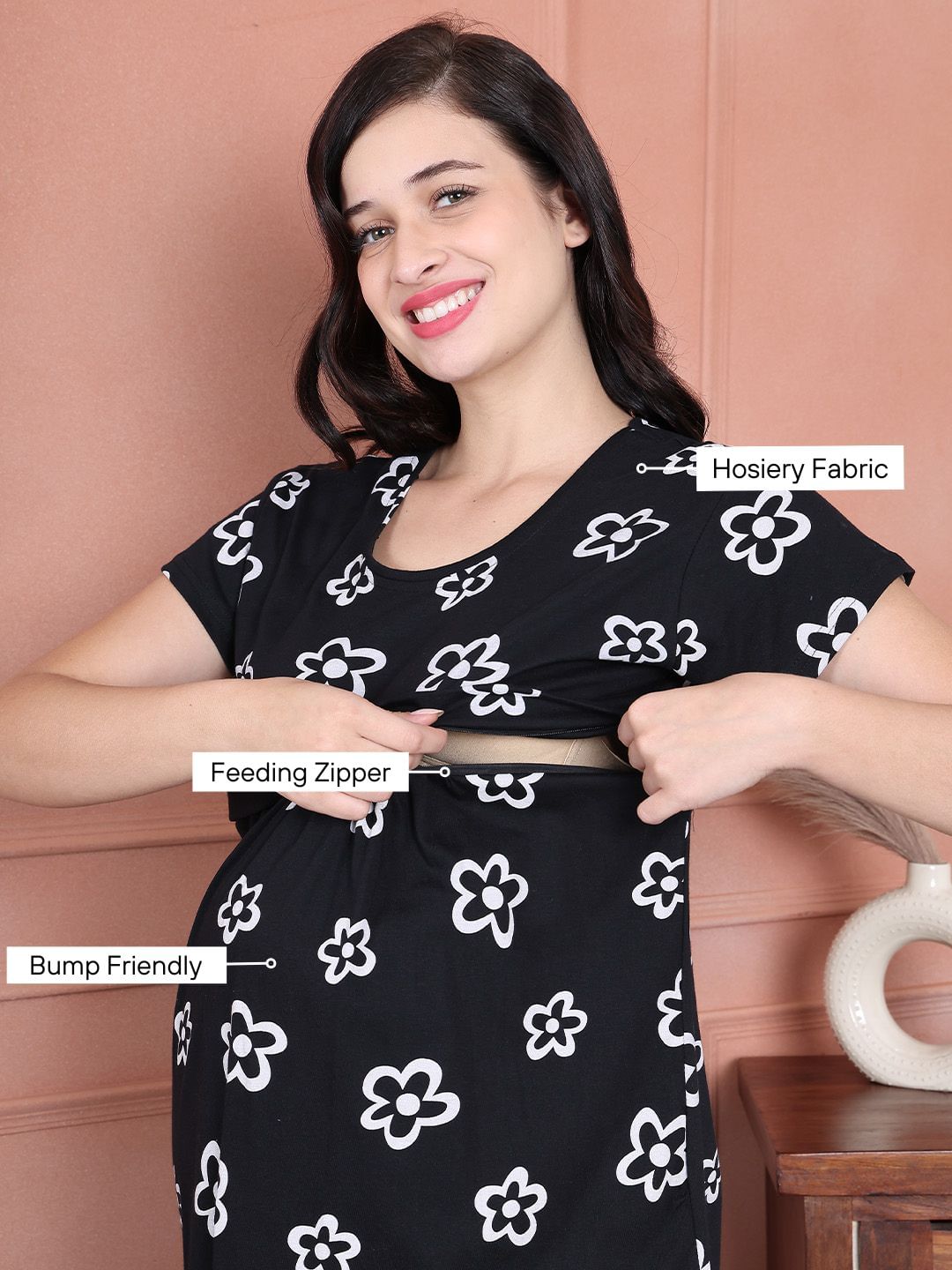 Secret Wish Black Floral Hosiery Maternity Nursing Top