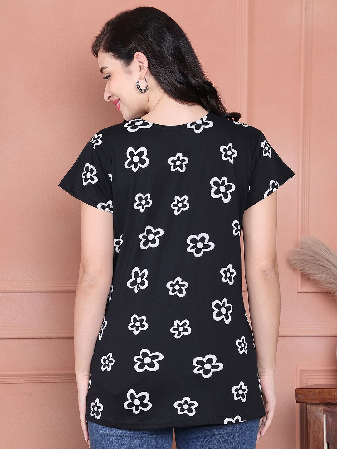 Secret Wish Black Floral Hosiery Maternity Nursing Top