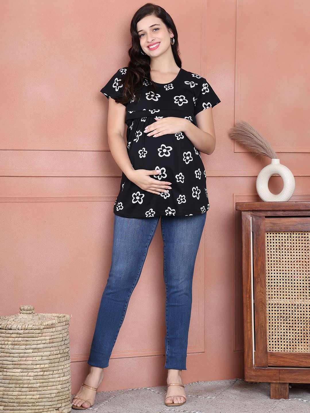 Secret Wish Black Floral Hosiery Maternity Nursing Top