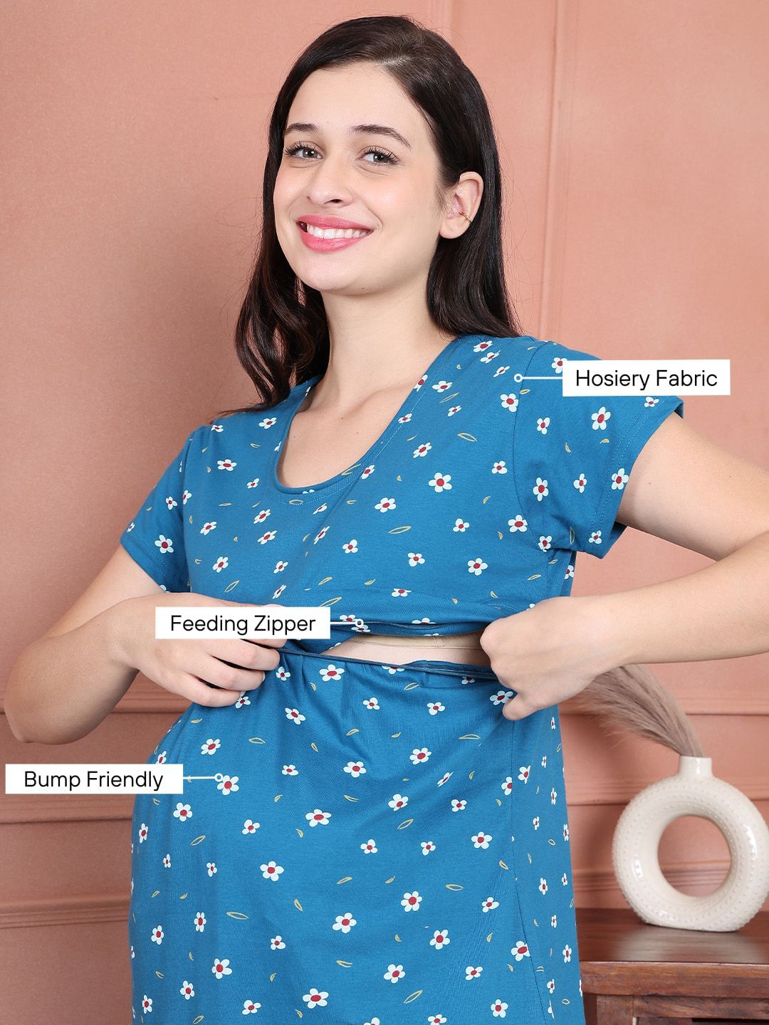 Secret Wish Blue Printed Hosiery Maternity Nursing Top