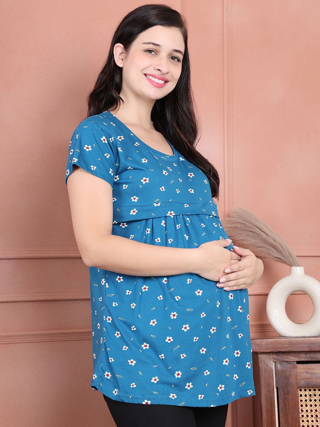 Secret Wish Blue Printed Hosiery Maternity Nursing Top