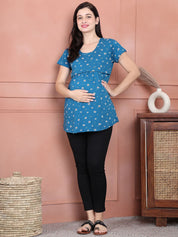 Secret Wish Blue Printed Hosiery Maternity Nursing Top