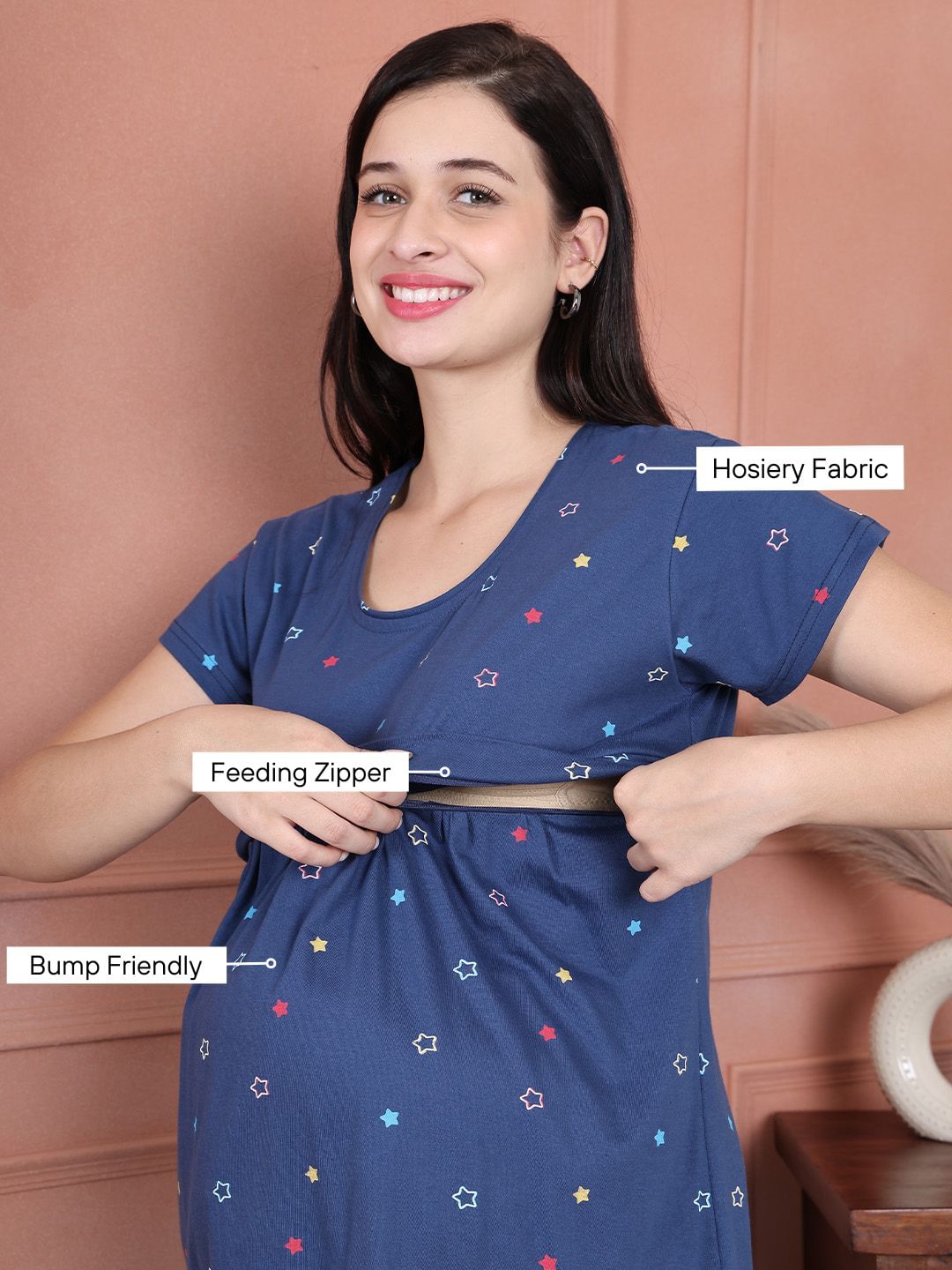 Secret Wish Blue Printed Hosiery Maternity Nursing Top