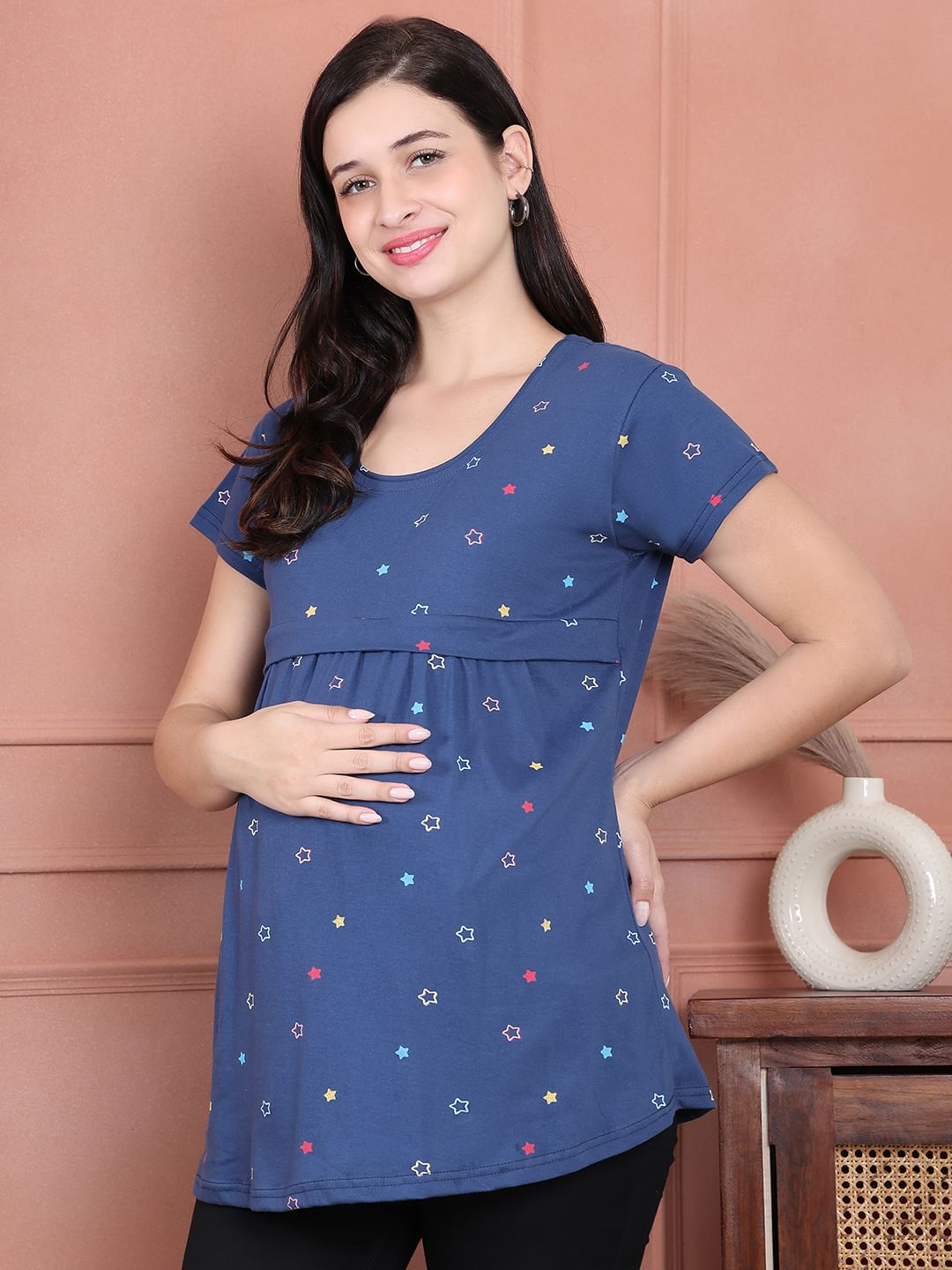 Secret Wish Blue Printed Hosiery Maternity Nursing Top