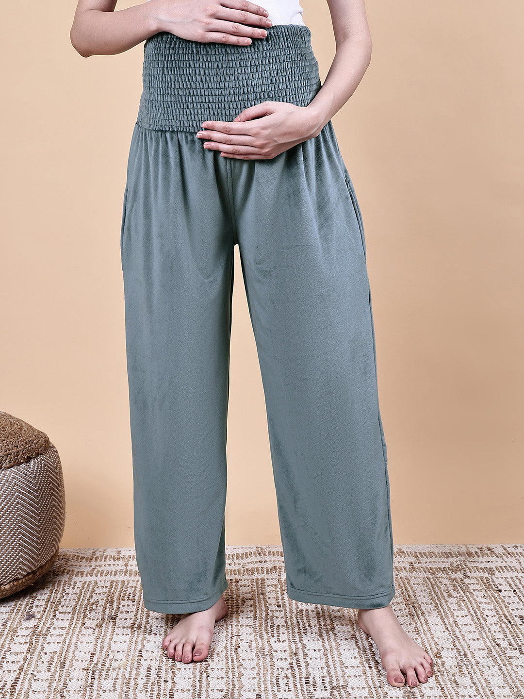 Secret Wish Grey Solid Velvet Winter Maternity Trouser