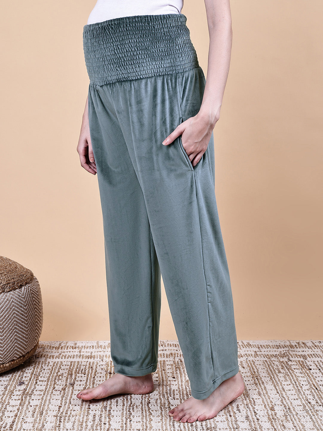 Secret Wish Grey Solid Velvet Winter Maternity Trouser