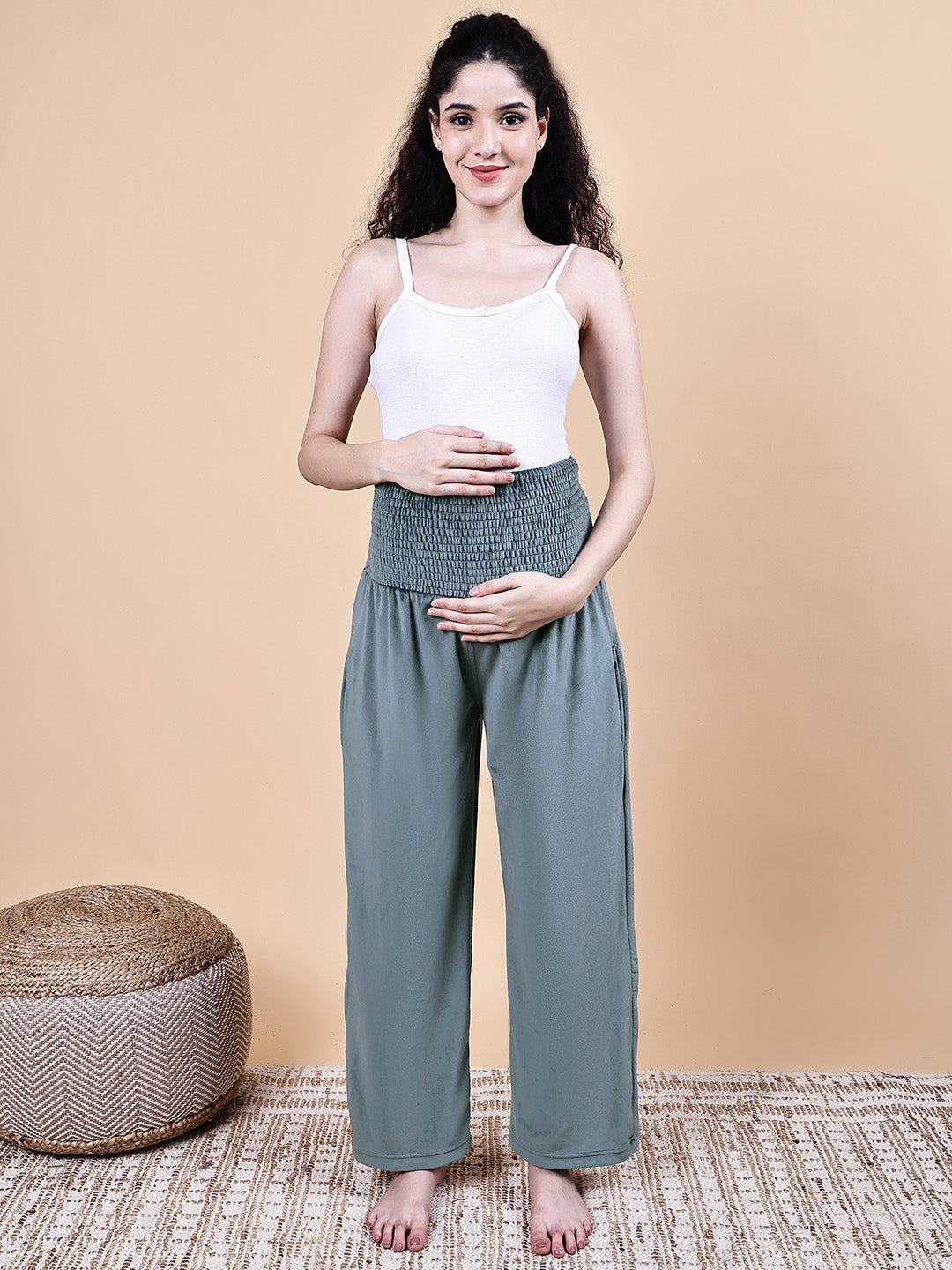 Secret Wish Grey Solid Velvet Winter Maternity Trouser