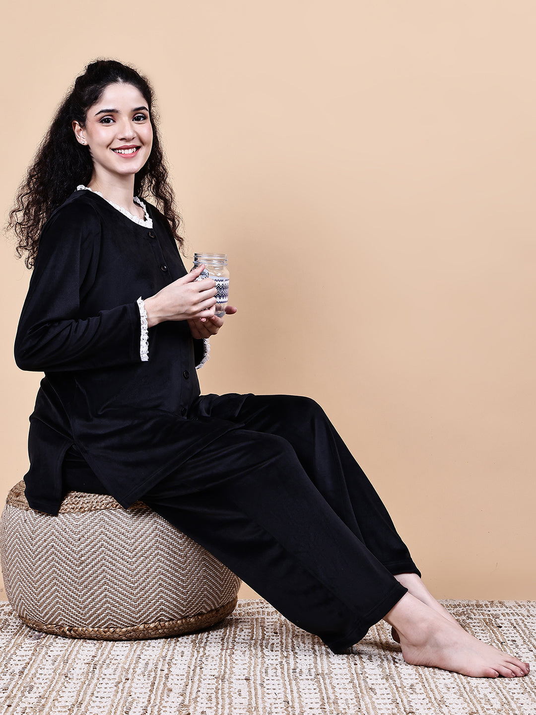 Black Solid Velvet Winter Maternity Trouser