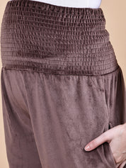 Brown Solid Velvet Winter Maternity Trouser