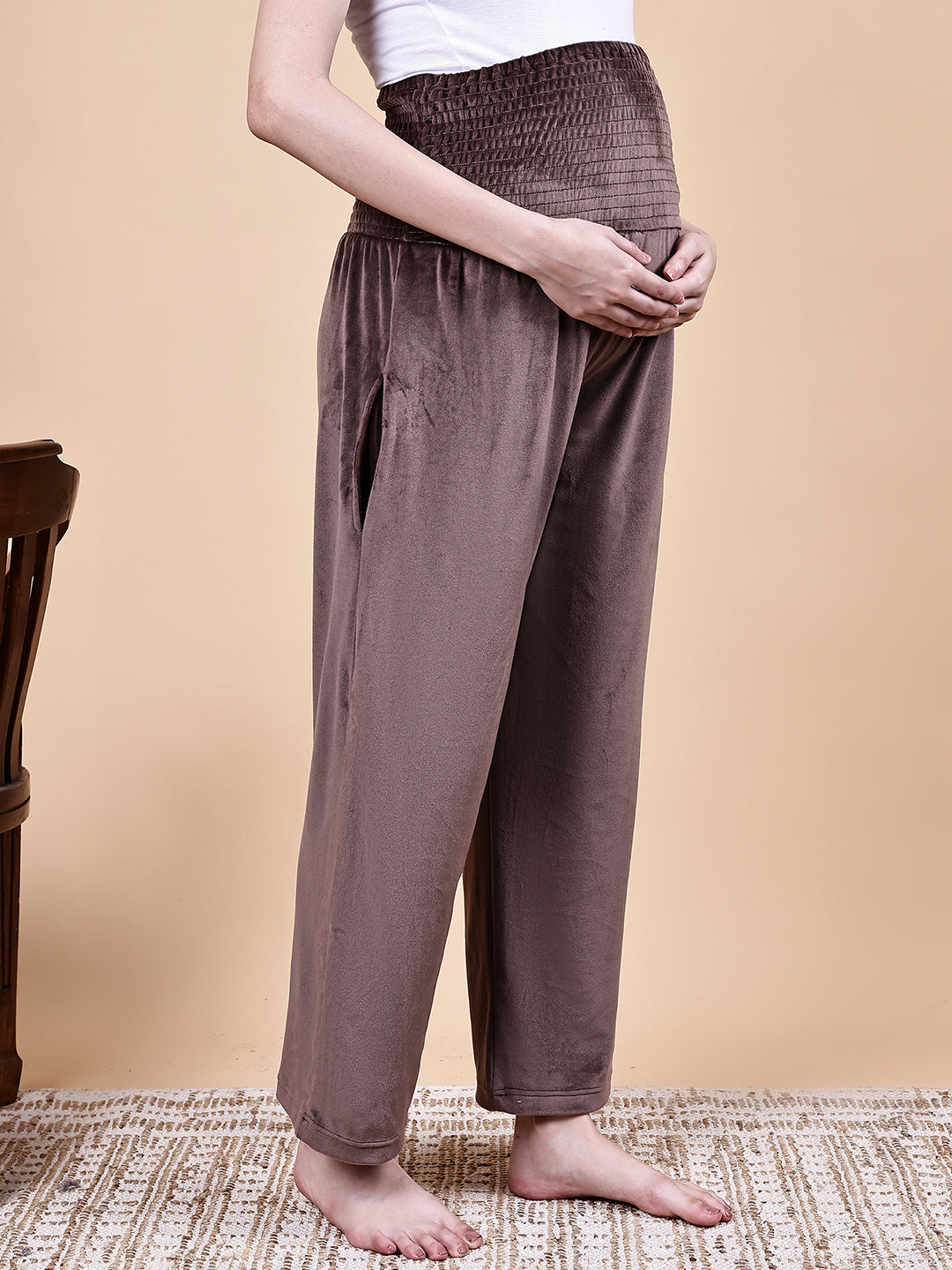 Brown Solid Velvet Winter Maternity Trouser