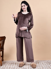 Brown Solid Velvet Winter Maternity Trouser