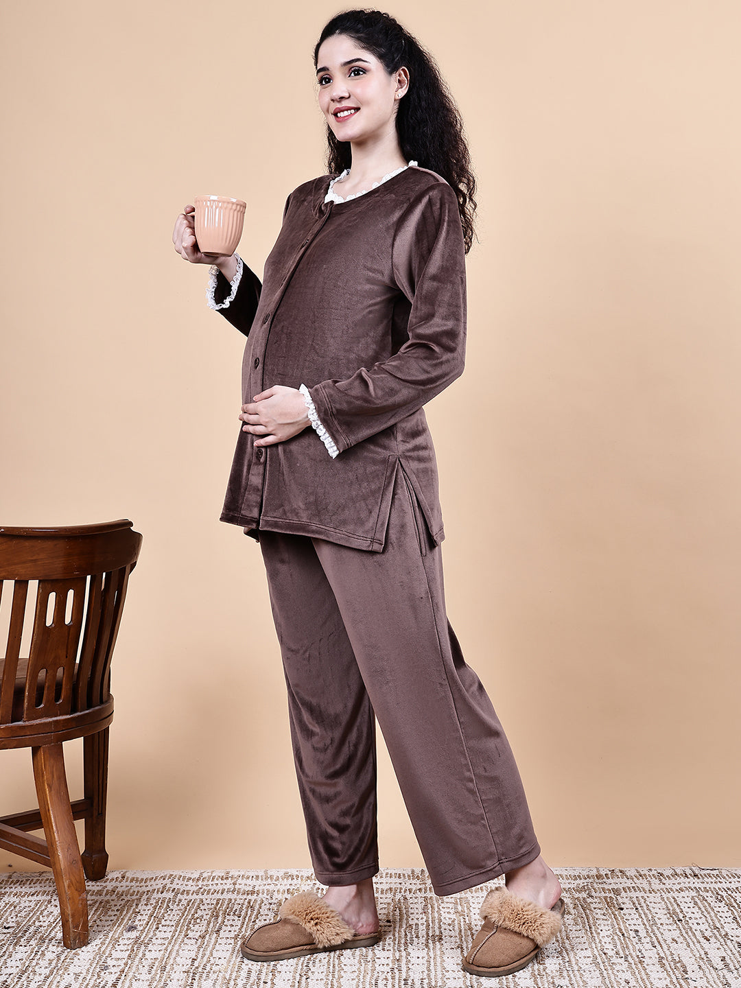 Brown Solid Velvet Winter Maternity Trouser