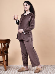 Brown Solid Velvet Winter Maternity Trouser