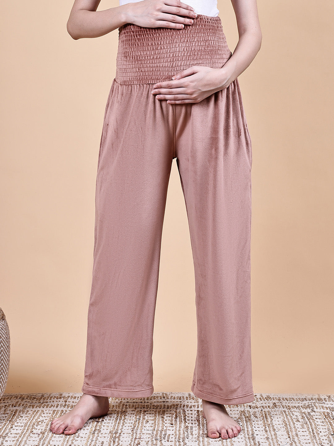 Pink Solid Velvet Winter Maternity Trouser