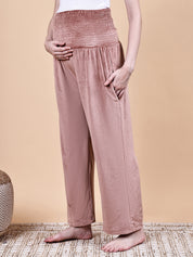 Pink Solid Velvet Winter Maternity Trouser
