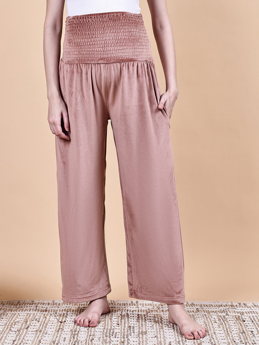 Pink Solid Velvet Winter Maternity Trouser