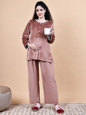 Pink Solid Velvet Winter Maternity Trouser
