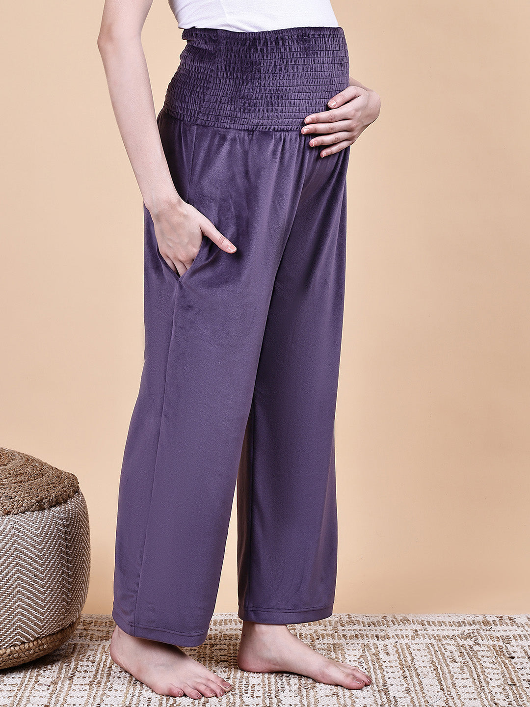 Purple Solid Velvet Winter Maternity Trouser