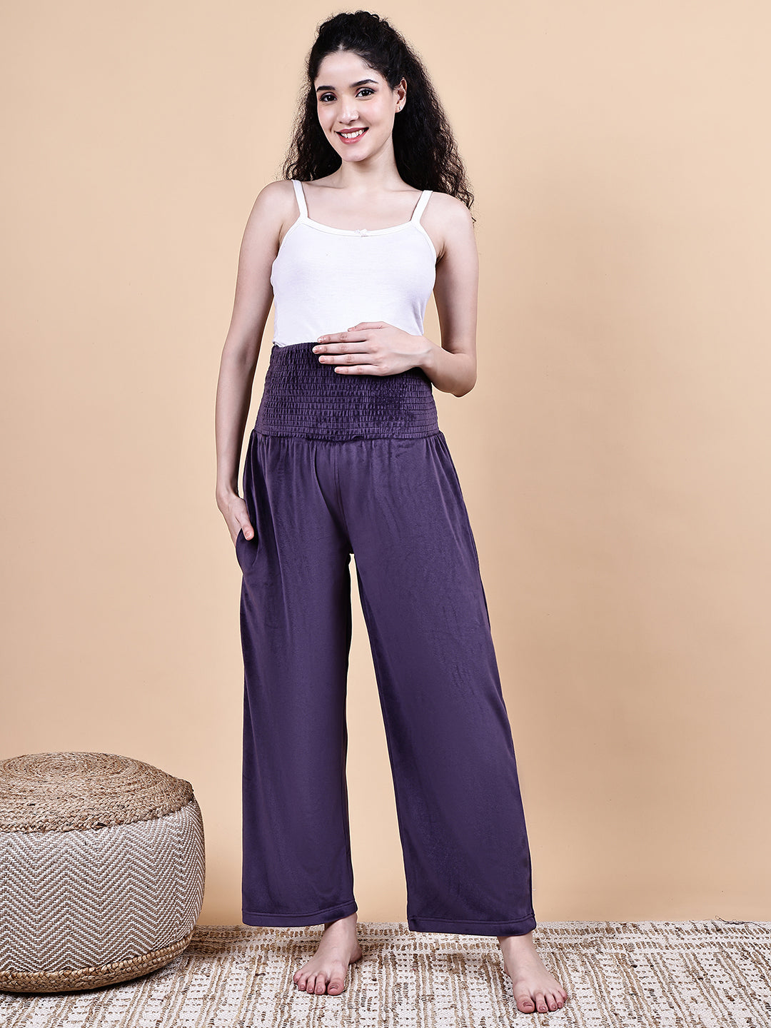 Purple Solid Velvet Winter Maternity Trouser