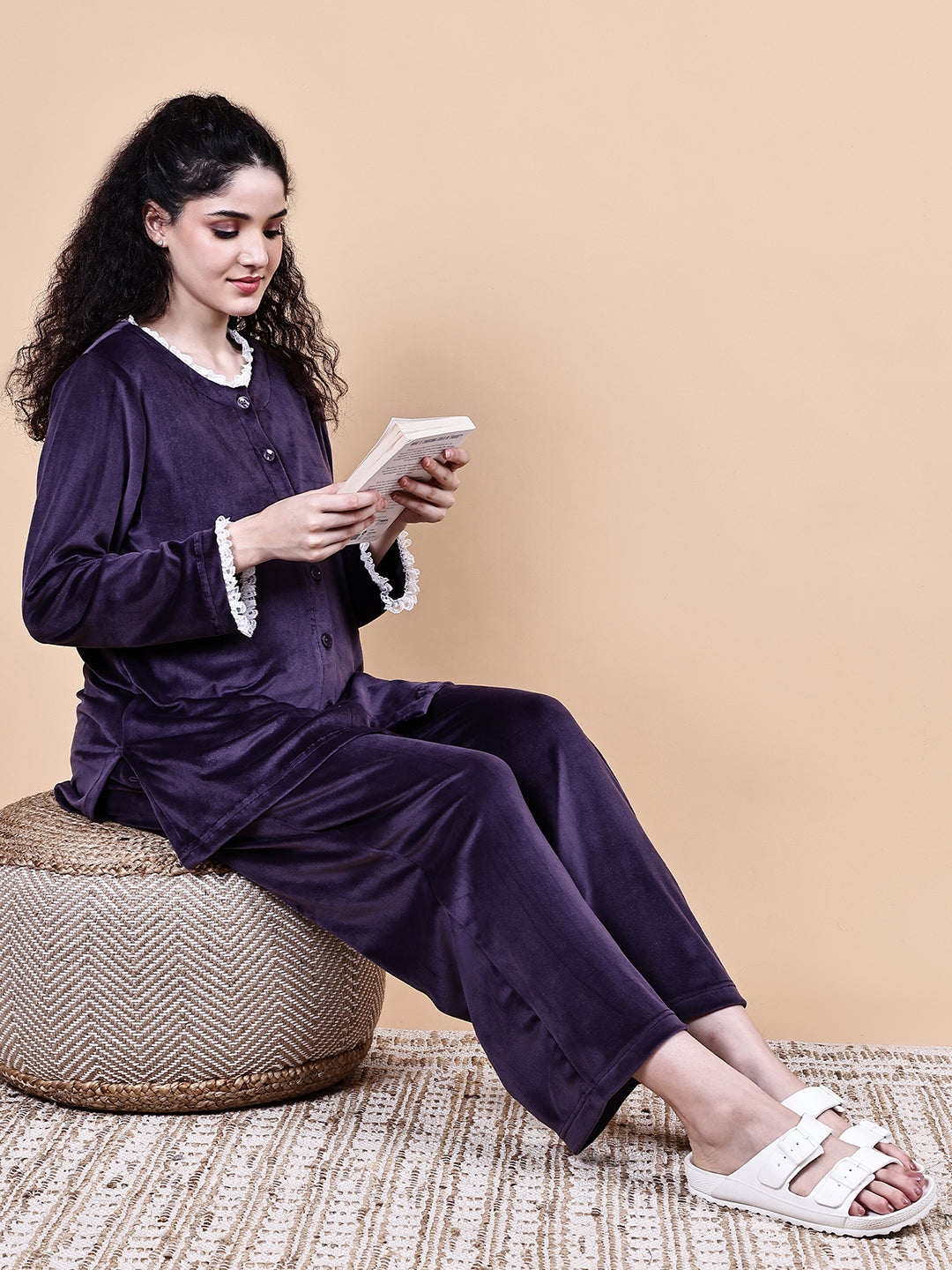 Purple Solid Velvet Winter Maternity Trouser