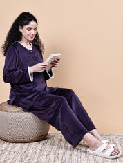Purple Solid Velvet Winter Maternity Trouser
