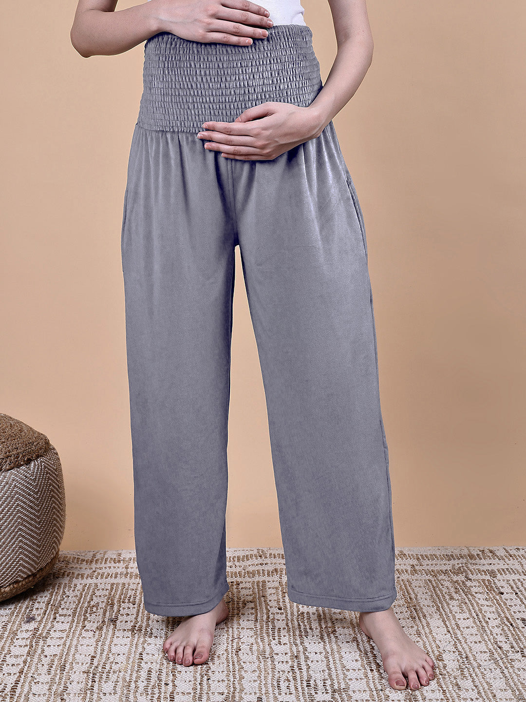 Secret Wish Grey Solid Velvet Winter Maternity Trouser