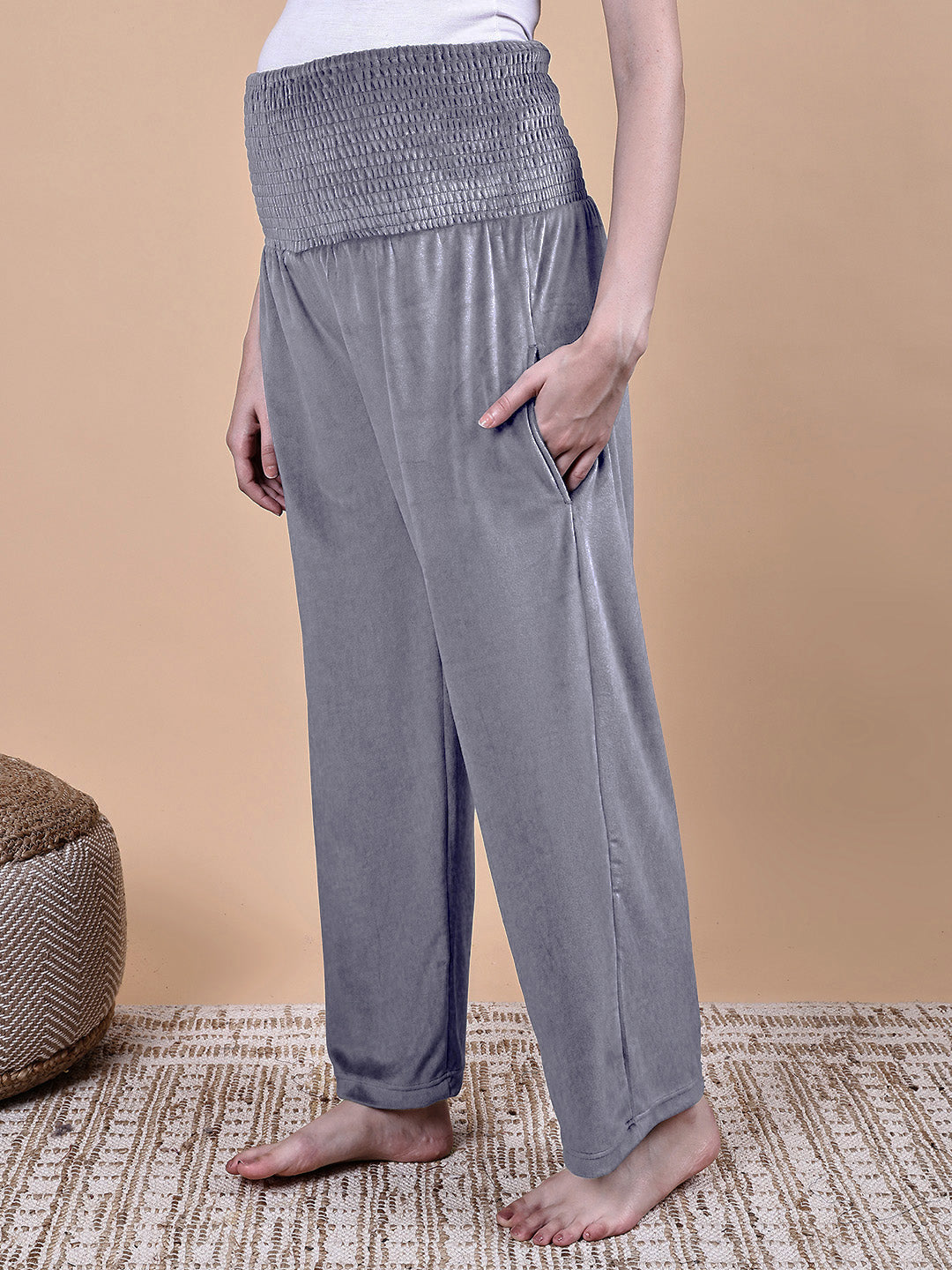 Secret Wish Grey Solid Velvet Winter Maternity Trouser
