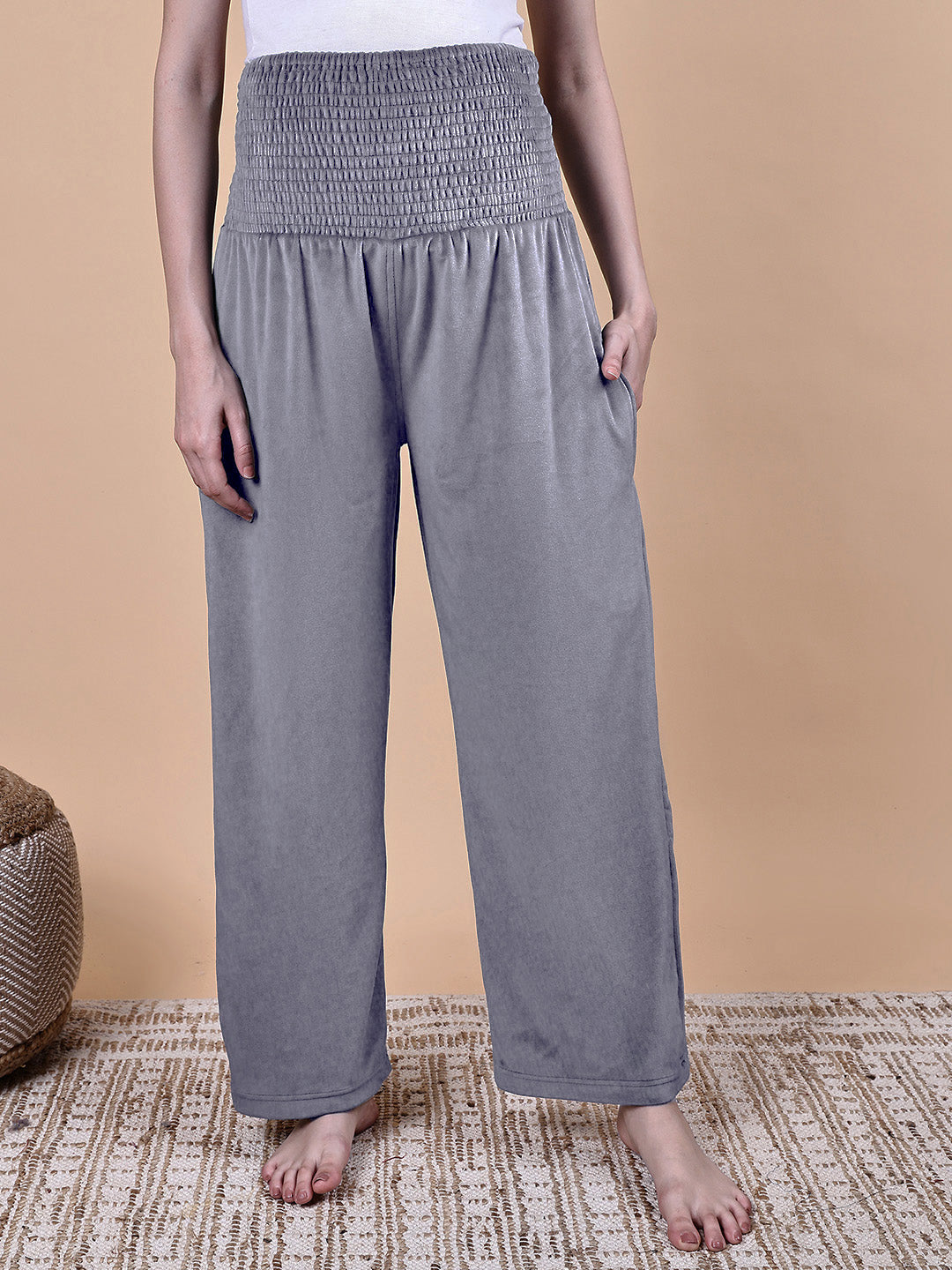 Secret Wish Grey Solid Velvet Winter Maternity Trouser