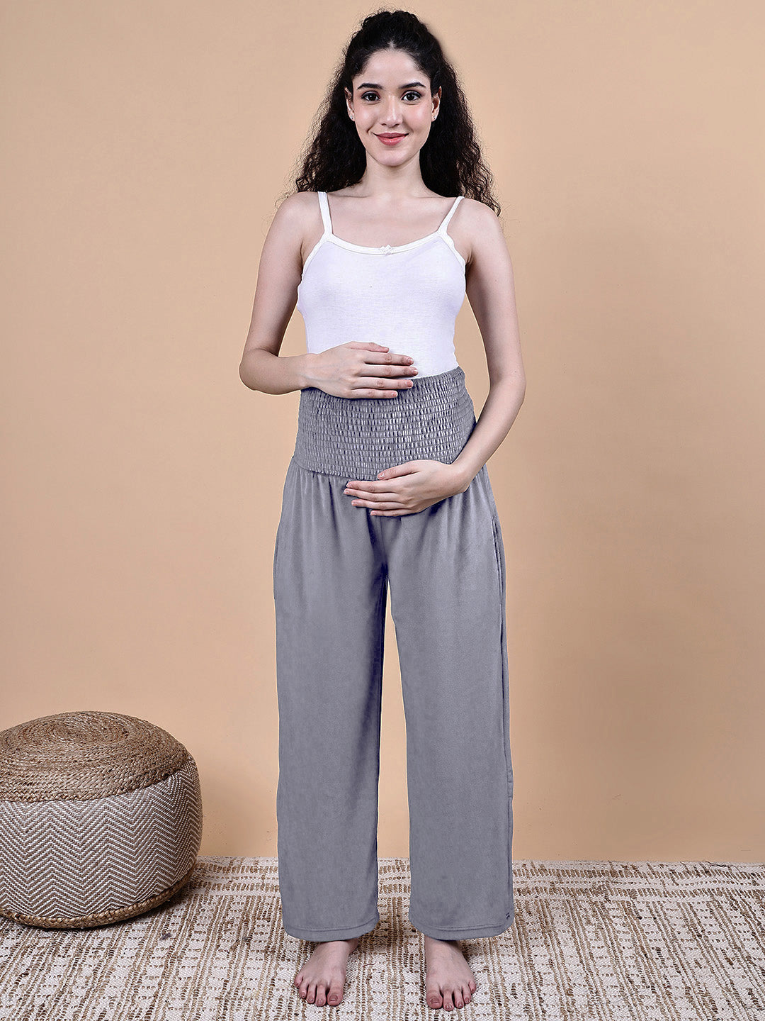 Secret Wish Grey Solid Velvet Winter Maternity Trouser