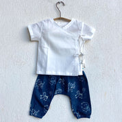 WHITEWATER KIDS UNISEX ORGANIC WHITE ANGRAKHA TOP+ZOO PRINT INDIGO PANTS