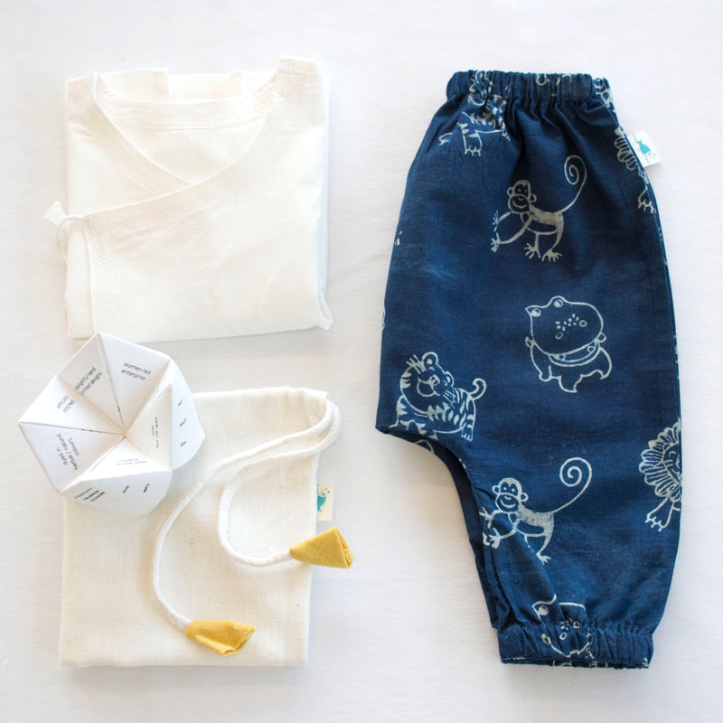 WHITEWATER KIDS UNISEX ORGANIC WHITE ANGRAKHA TOP+ZOO PRINT INDIGO PANTS