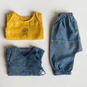 WHITEWATER KIDS UNISEX ORGANIC ZOO BAG - YELLOW JHABLA + INDIGO CHECK ANGARAKHA + PANTS