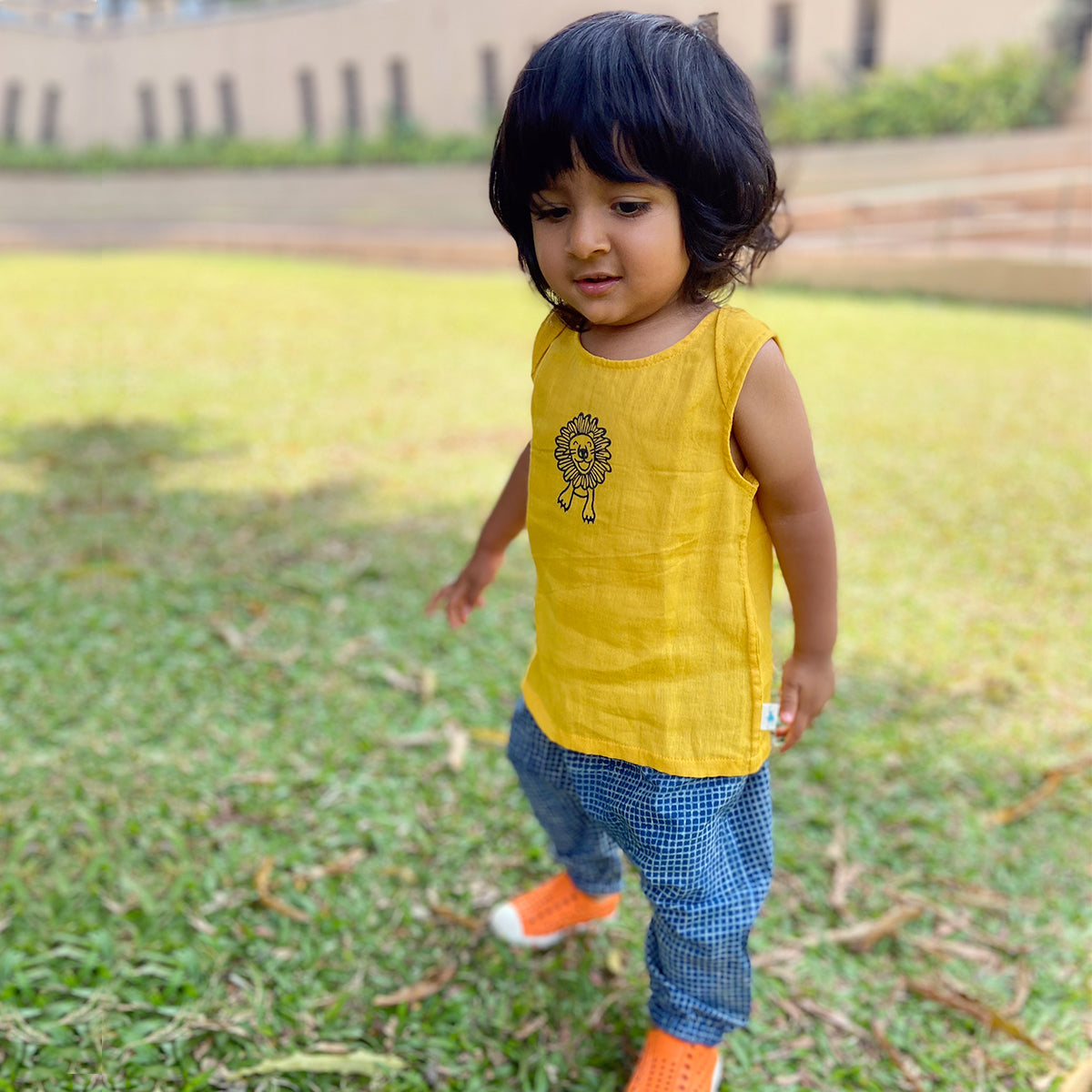 WHITEWATER KIDS UNISEX ORGANIC ZOO BAG - YELLOW JHABLA + INDIGO CHECK ANGARAKHA + PANTS