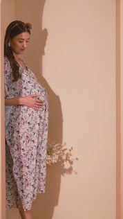 White Floral Georgette Maternity Swimwear Kaftan