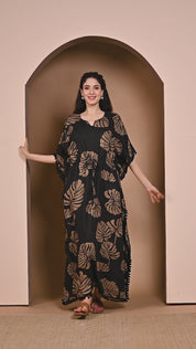 Floral Print Black Rayon Maternity Kaftan Nighty
