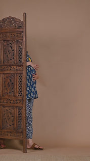 Blue & Yellow Cotton Floral Maternity Night Suit