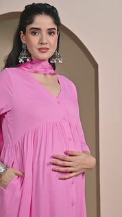 Pink Solid Rayon Maternity Kurta with Trouser and Dupatta
