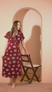 Floral Maroon Hosiery Short Maternity Feeding Nighty
