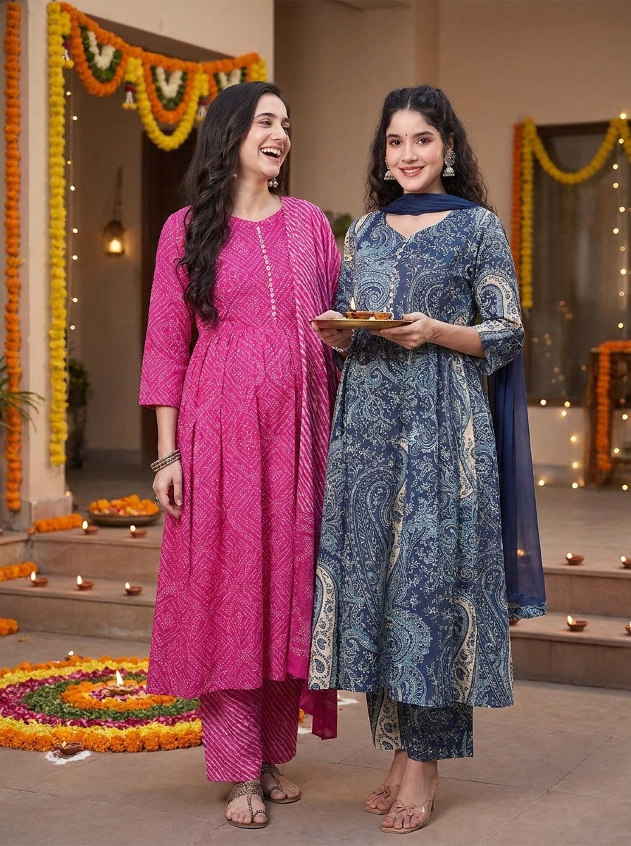 Pink bandhani and blue paisley maternity kurta sets for Diwali