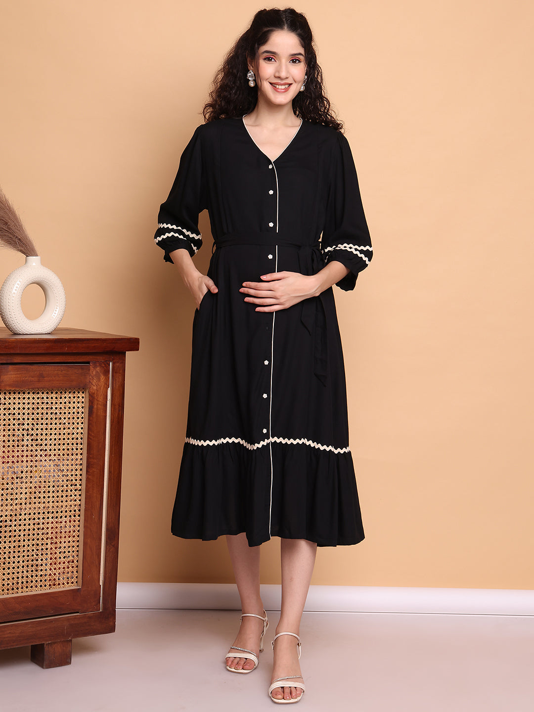 Black Solid Rayon Maternity Dress