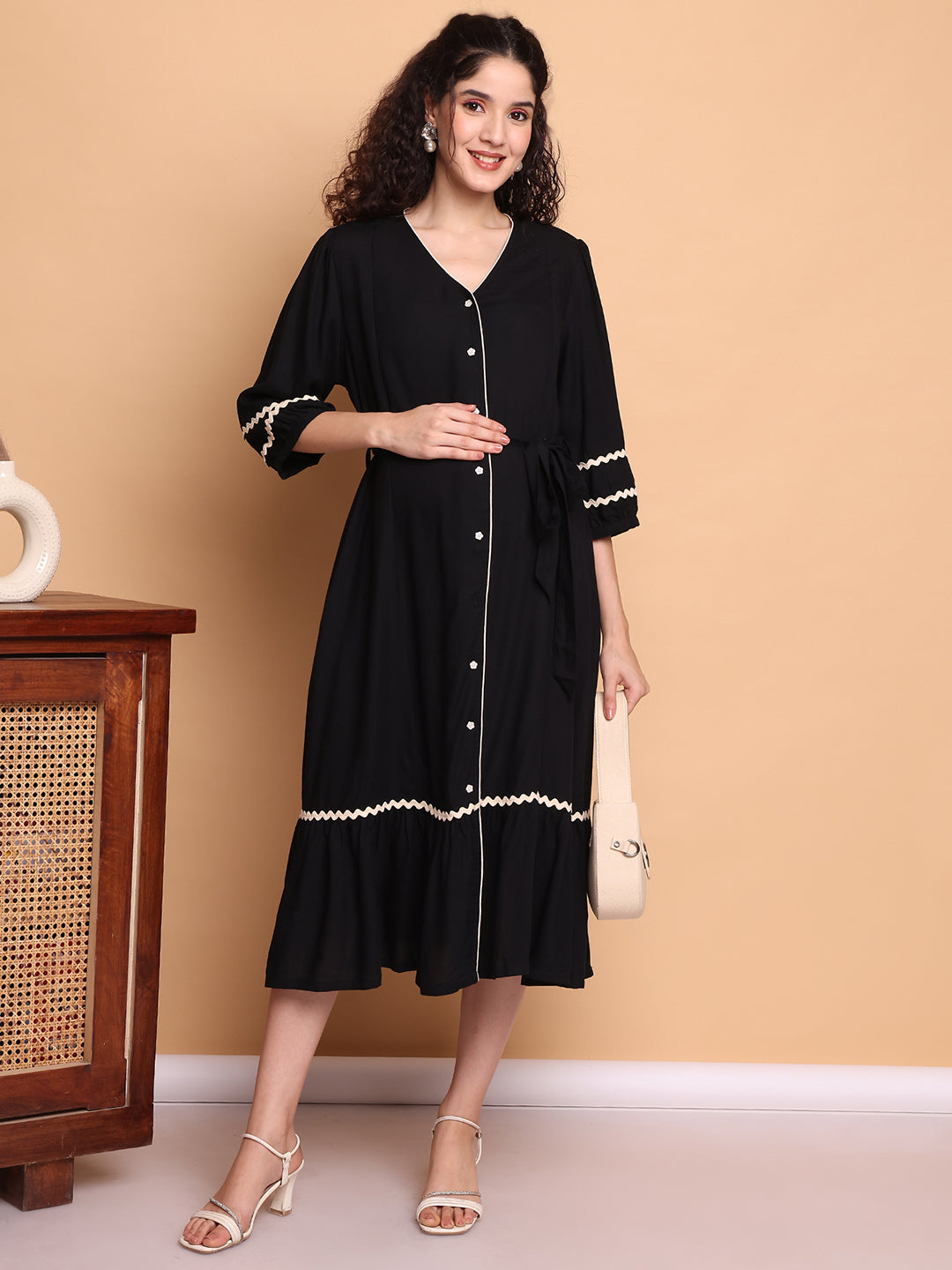 Black Solid Rayon Maternity Dress