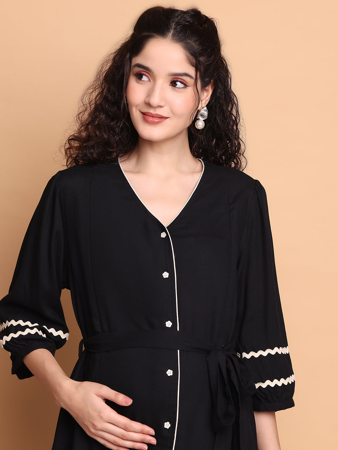 Black Solid Rayon Maternity Dress