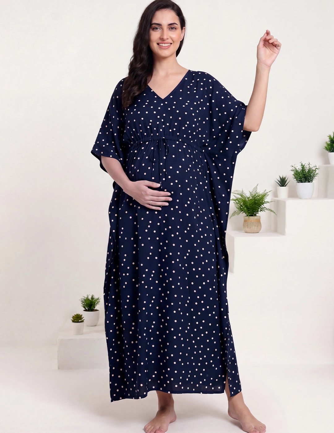 Navy Blue Polka Dots Rayon Maternity Kaftan