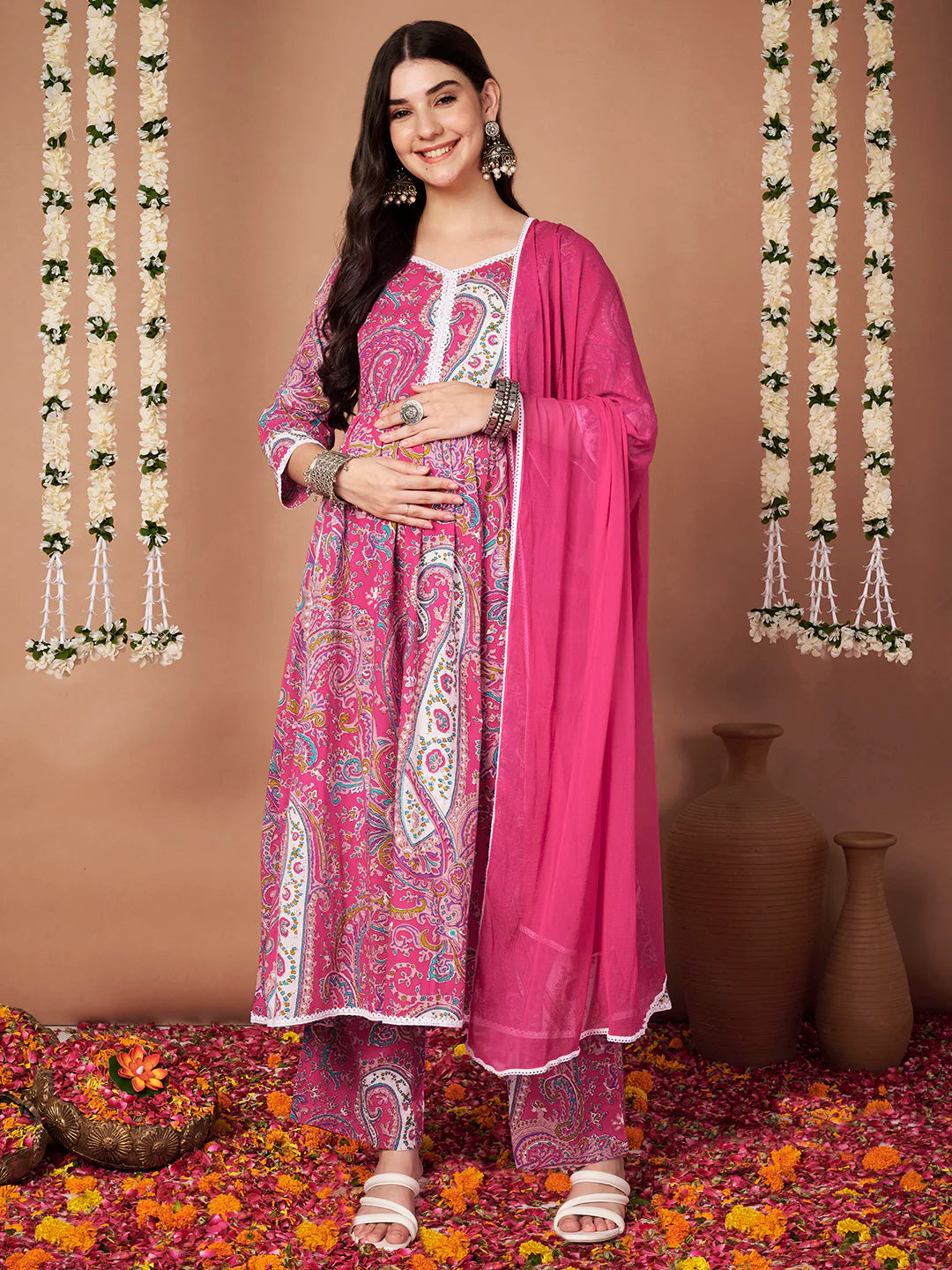 Pink Paisley Cotton Maternity Kurta with Trouser and Dupatta