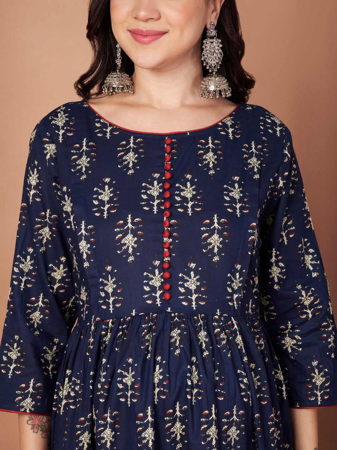Navy Blue Ikkat Floral Print Cotton Maternity Kurta with Trouser and Dupatta