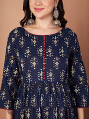 Navy Blue Ikkat Floral Print Cotton Maternity Kurta with Trouser and Dupatta