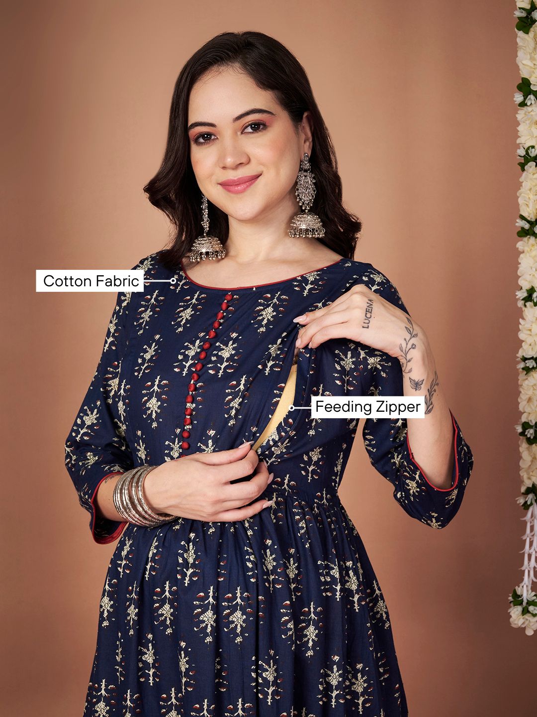 Navy Blue Ikkat Floral Print Cotton Maternity Kurta with Trouser and Dupatta