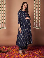 Navy Blue Ikkat Floral Print Cotton Maternity Kurta with Trouser and Dupatta